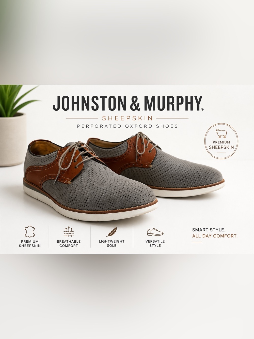 Johnston & Murphy Sheepskin Perforated Oxford Shoes Gray Brown Casual Shoes